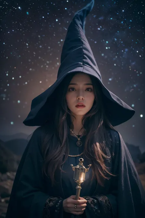 Araped woman wearing wizard hat and wizard gown, No makeup , without makeup, portrait of a girl, Profile picture, Use Instagram Filters, Subtle soft and dim light, magic school, perfect face, julia sardinian, broomstick, night sky, Milky Way,  looking stra...