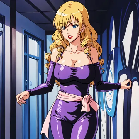 masterpiece、highest quality、Anime Women、solo、Watching the audience、laugh at、Long Hair、Blonde、eyelash、lipstick、Blue Eyes、Drill Hair、Hair on one eye、Big Breasts、cleavage、woman with very large breasts、collarbone、Purple bodysuit、Off the shoulder、Long sleeve、Pi...