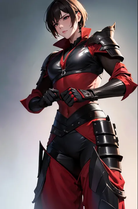 8k,Barren Land,女性adventure者の衣装,Traveling through the dusty wilderness,Light brown short hair,so beautifulな日本の女性, Red and black large chest armor,so beautiful(Like the real thing),Stainless steel and black shoulder armor for the left shoulder,red and black ...