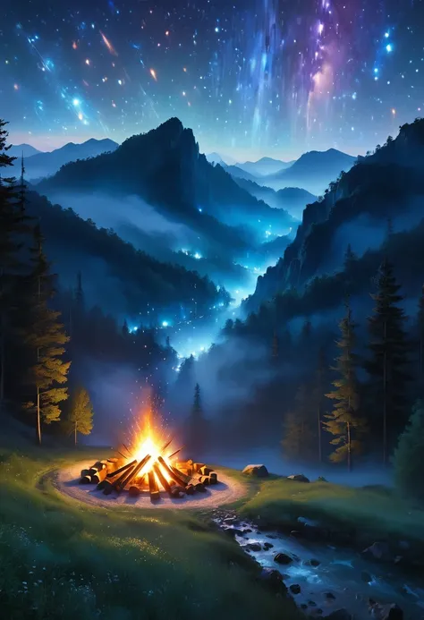 landscape, summer, night, forest, Bonfire in one place, unmanned, unmanned, Starry Sky, High definition details, Ultra Detailed, Movie, Surrealism, Soft Light, deep focus bokeh, Ray Tracing, Surrealism. , Art Station Pixiv Gees, author：Xin Haicheng, Art sp...