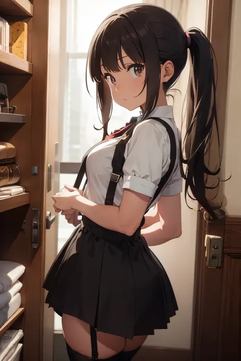 Brown hair、Watching the audience suspenders Large swollen breasts Black mini skirt garter belt Knee-high socks Side view Small face bangs Beauty Hands up Sideways glance Black boots Taunt one person Dress shirt Hands Beh...