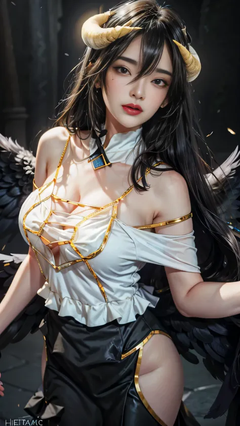 Masterpiece, Best quality, Ultra-detailed, illustration, epic lighting, Cinematic composition, isometry,(hexagons:1.2), 1girll, Horns, Solo, Yellow eyes, Black hair, Long hair, (Low wing:1.2), Large cleavage, Bare shoulders, hair between eye, Medium breast...
