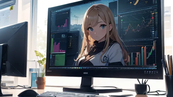 (8k, RAW foto, mejor calidad, (Obra maestra, super high quality, super detailed), anime style chica joven, Absoluto, detalles intrincados, Mujer arafed apoyada en un escritorio con tres pantallas de computadora., showing stock charts, En frente de una comp...