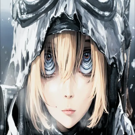 anime girl with hood and glasses in the snow, The girls last tour, impressionante retrato de rosto de anime, enormes olhos de anime, rosto de anime detalhado, Zerochan art, olhos brancos gelados, olhos gelados, grandes olhos de anime, pupilas pretas de ani...