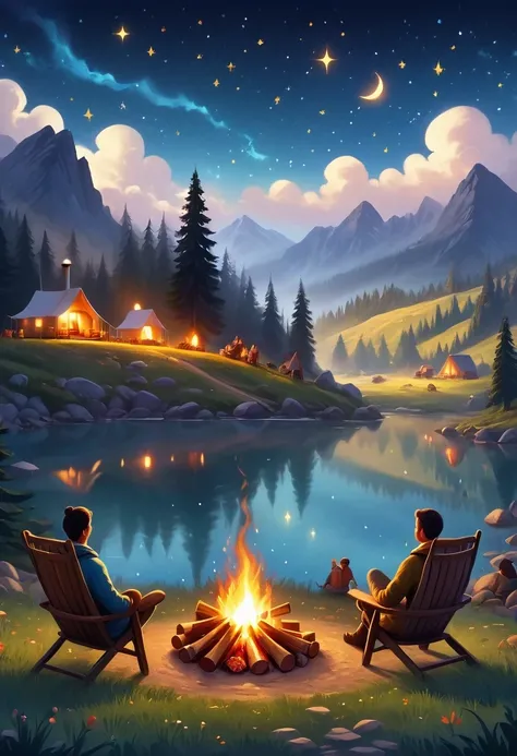 (a cozy campfire), (best quality, highres, vivid colors), (warm, inviting atmosphere), (crackling sound), (camping trip), (relaxation and warmth), (nighttime gathering), (friends and family), (marshmallow roasting), (twinkling stars), (softly glowing ember...