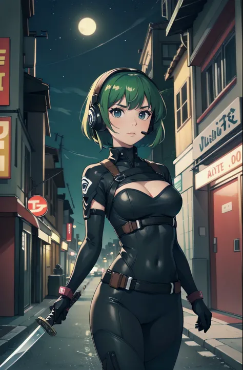 masterpiece, best quality, 1girl, short body, age 14, short body, green hair, short hair, bob hair, headset, dark brown eyes, beautiful detailed eyes, beautiful detailed face, cute face, stoic, professional, ninja, dark green bodysuit, black tactical glove...