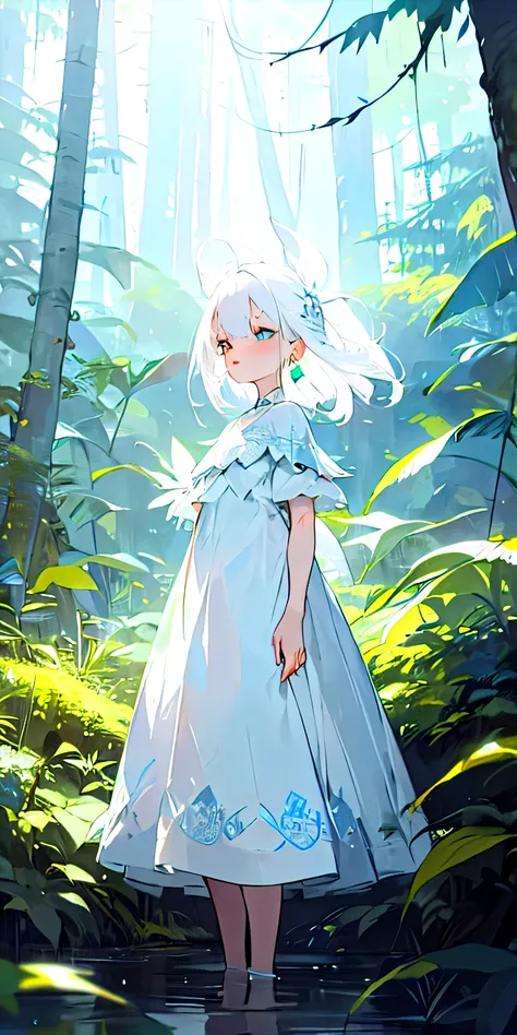 1 woman, white hair, blue pupils, delicate face, cute, love earrings, white dress, standing in the forest , surreal