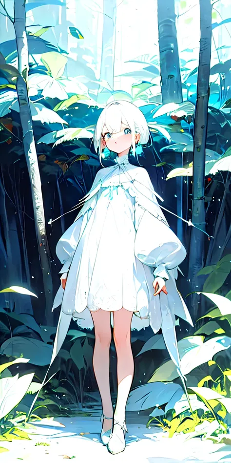 1 woman, white hair, blue pupils, delicate face, cute, love earrings, white dress, standing in the forest , surreal