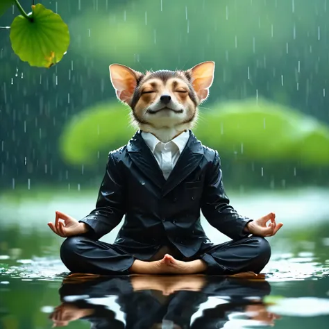 kafka,lotus pose，cute，on the water，reflection，raining，background blur,fullbody