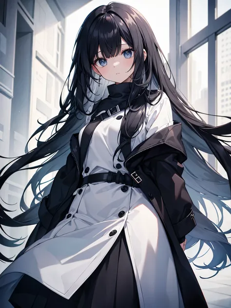 White sweater，Black coat，Black long skirt，Black long hair