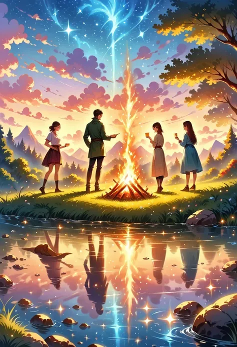 (best quality,highres,masterpiece:1.2),ultra-detailed,realistic,photorealistic:1.37,campfire,crackling flames,golden embers,flickering light,cozy warmth,natural surroundings,nighttime ambiance,serene atmosphere,dancing shadows,roasting marshmallows,starry ...