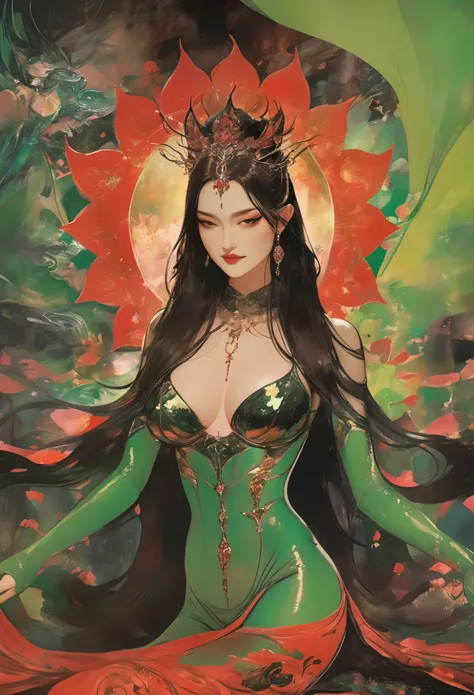 A provocative painting，Depicts a sexy lady from hell in a charming red and black themed scene, embodying the allure and strength of Hela in an epic split-screen composition that heightens the theatricality and mystique of her character. The green color sch...