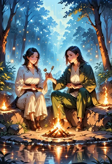 (best quality,highres,masterpiece:1.2),ultra-detailed,realistic,photorealistic:1.37,campfire,crackling flames,golden embers,flickering light,cozy warmth,natural surroundings,nighttime ambiance,serene atmosphere,dancing shadows,roasting marshmallows,starry ...