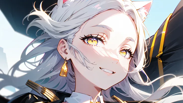 1girl, woman, solo, long hair, big hair, white hair, cat ears, (forehead:1.2), yellow eyes, medium breasts, devilish grin from below, white hair, (overcoat, black coat, open coat:1.2), white shirt, collared shirt, (chest harness, shoulder strap:1.15), blac...