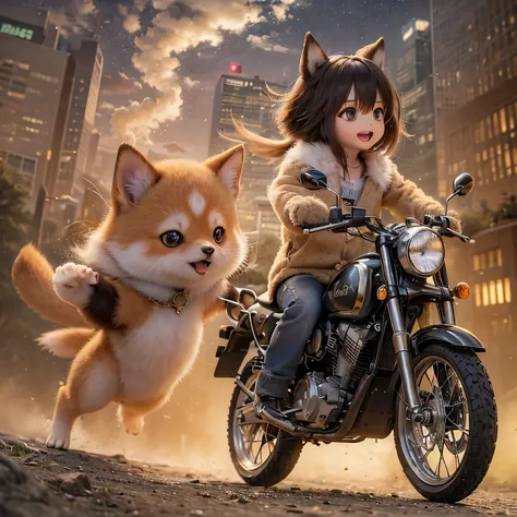 (highest quality,High resolution:1.2),shiba inu girls,Adorable chibi style,Vibrant colors,Fantasy Landscape,Riding on motorcycle,Magical Environment,Shining Star,The wind that makes your hair flutter,Expression of joy,Amazing adventure,A playful atmosphere...