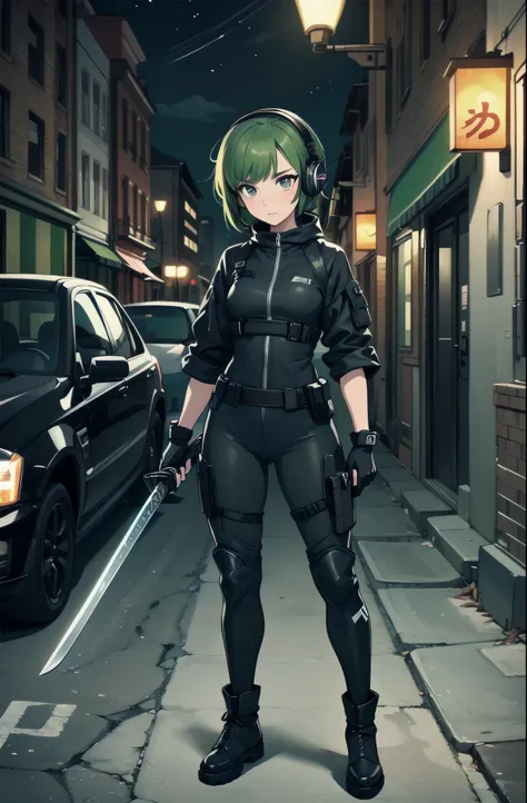 masterpiece, best quality, 1girl, short body, age 14, short body, green hair, short hair, bob hair, headset, dark brown eyes, beautiful detailed eyes, beautiful detailed face, cute face, stoic, professional, ninja, dark green bodysuit, black tactical glove...