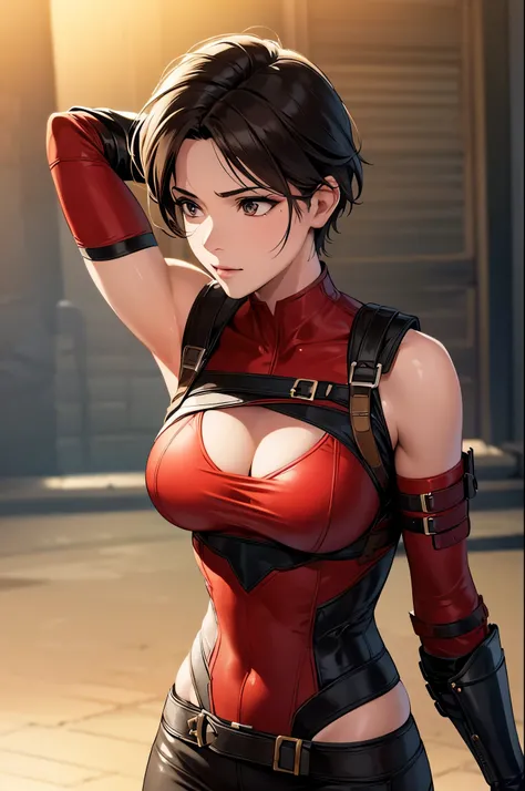 8k,Barren Land,女性adventure者の衣装,Traveling through the dusty wilderness,Light brown short hair,so beautifulな日本の女性, Red and black large chest armor,so beautiful(Like the real thing),Stainless steel and black shoulder armor for the left shoulder,red and black ...