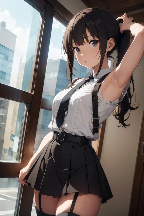 Brown hair、Watching the audience　　suspenders　　　Large swollen breasts　　 　 　　　　Black mini skirt　garter belt　Knee-high socks　　　　　　Side view　　　Small face　bangs 　　　　　Beauty　　Hands up　　 　Sideways glance 　Black boots 　Taunt　　　one person 　　　Dress shirt　　　Hands Beh...