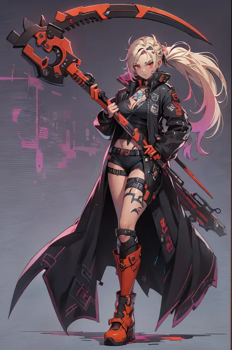 1girl, rebecca (cyberpunk), ((cowboy shot)),(( a huge big scythe, the size of half of the screen:1.3 )),solo, blonde braid hair, glowing red eyes,laugh fearlessly, leg tattoo, neck tattoo,  large chest, black bra, thong, red pupils, skin fang, red eyes, bl...