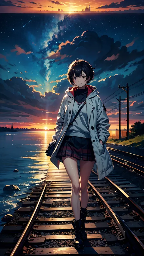 High quality, masterpiece, 1 girl, smile, (wearing miniskirt: 1.2), long hooded coat with trim, landscape, train passing through a body of water on the tracks, sparkling starry sky. Romantic Train, PIXIV, concept art, Lopfe art style, Lopfe art, exquisite ...