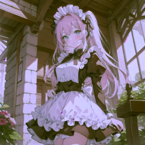 Pink-haired Hatsune Miku-style beautiful girl　Wearing maid uniform　Inside the castle　Japanese anime style