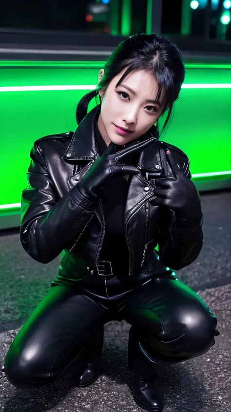 black leather rider jacket, Office in the Dark, Black leather gloved fingertips on both hands,Wearing black leather gloves,Sitting in a black leather chair、 Japanese female new recruits (Black leather gloves cover both hands) (The angle is horizontal)、Blac...