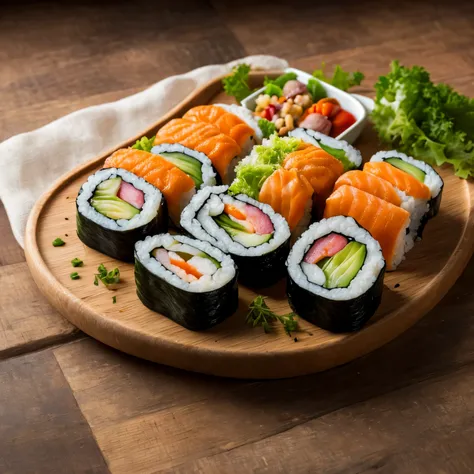 (masterpiece:1.2), (best quality), (ultra detailed), (8k, 4k, intricate),(highly detailed:1.2), (detailed background),detailed landscape, ((portrait)), foodstyle,food, blurry, cup, depth of field, table, food focus, vegetable,sushi