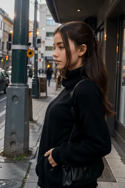 
a cute european girl, wearing black sweater, with side angle, facing down