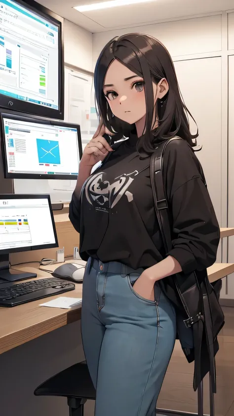 (8k, RAW foto, mejor calidad, (Obra maestra, super high quality, super detailed), anime style chica joven, Absoluto, detalles intrincados, Mujer arafed apoyada en un escritorio con tres pantallas de computadora., showing stock charts, En frente de una comp...