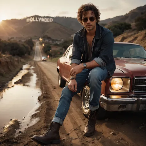 Professional photography of a 38 year old romantic man with curly hair, full figure, bandana, small sunglasses, t-shirt, jeans, jacket, boots, leaning againts a shiny red car from 50s on the side of a dirt road, in front of him there is a puddle of water t...