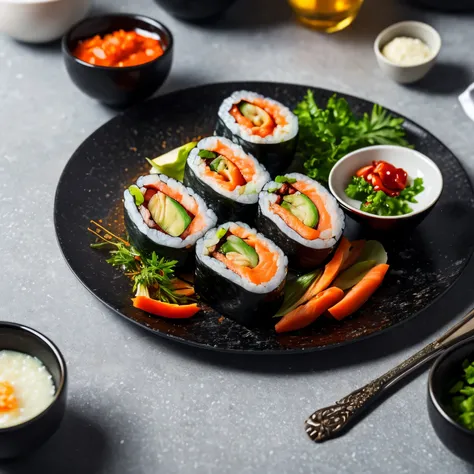 (masterpiece:1.2), (best quality), (ultra detailed), (8k, 4k, intricate),(highly detailed:1.2), (detailed background),detailed landscape, ((portrait)), foodstyle,food, blurry, cup, depth of field, table black marble, food focus, vegetable,sushi,salmon