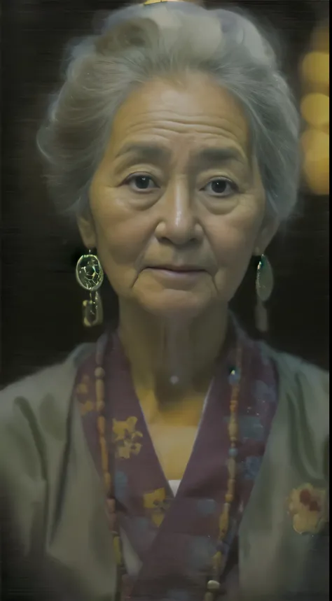 An old grandmother，Wearing a monks robe，Face to the camera，With a kind face