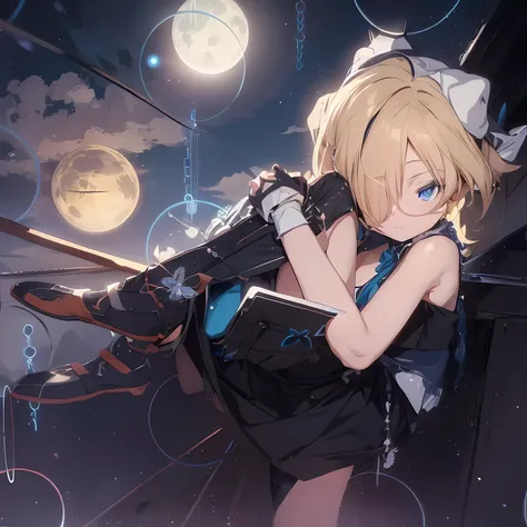 blonde anime girl in a black dress with a full moon in the background, blue eyes, have cute brown dog ears, kagamine rin, nightc...