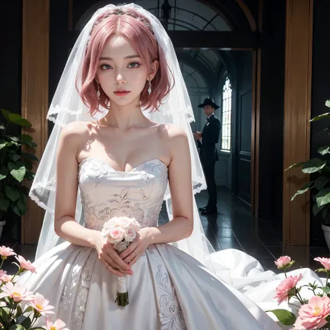 (1 girl solo, 1 sexy woman, pink hair, short hair, wavy hair, a line wedding dress, cowboy shot:1.4), (flower garden:1.2), earri...