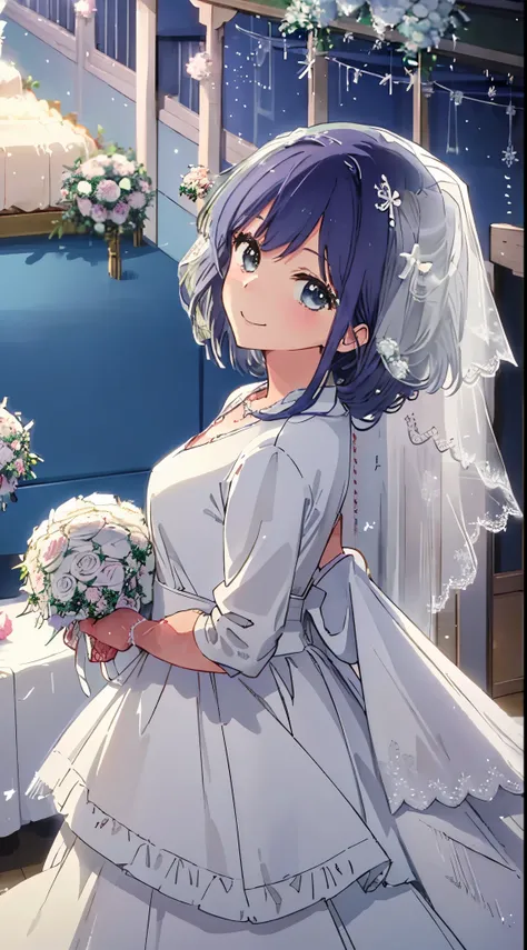 beautiful  lighting, 1girl in, solo, Akane,  ((anime styled))、((2D))、a closeup、(((wedding decoration for camera、A smile、(((wedding hall))), from side