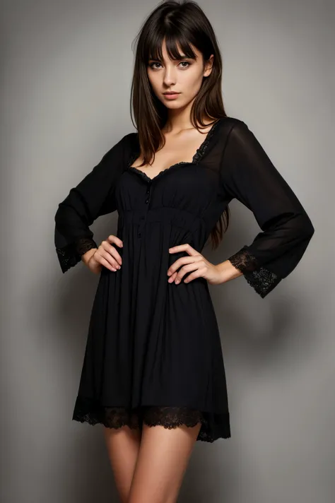 (best quality,realistic,ultra-detailed),a sexy and slim 18-year-old French brunette woman in black nightdress, visible kambe