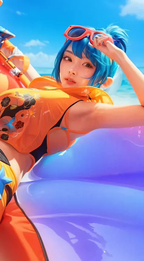 1girl, Beautiful, Orange Swimwear, Short hair, Blue hair, realistic, Ultra detail