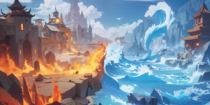 there is a painting of a fire and water scene with a castle in the background, 4k 高清插画wallpaper, fire and water, 4k 高清wallpaper 插图, 概念艺术wallpaper4k, Draw as game concept art, 4k detailed digital art, wallpaper, background technology, background technologyw...