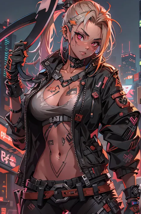 1girl, rebecca (cyberpunk), ((cowboy shot)),(( a huge big scythe, the size of half of the screen:1.3 )),solo, blonde braid hair, glowing red eyes,laugh fearlessly, leg tattoo, neck tattoo,  large chest, black bra, thong, red pupils, skin fang, red eyes, bl...