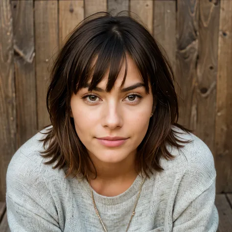 Simples yet captivating, a local person, portrait photo, solo, looking directly at the camera, sitting on a wooden stool in front of a plain background, casual attire reflecting their everyday life, genuine expression on their face, high resolution, master...