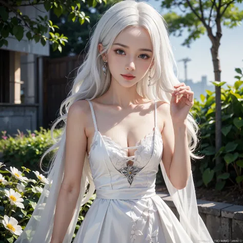 (1 Girl Solo, 1 Sexy Woman, White Hair, Medium Hair, Wavy Hair, Princess Dress, CowBoy Shot:1.4), (flower garden:1.2), Earrings, Smile, ((Red Eyes, Beatiful Eyes, Detailed Eyes, textured skin, Beautiful skin,)), ((Anatomically Correct:1.3)), (Close-Up:1.2)...