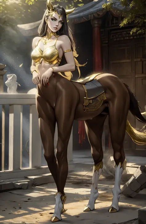 1Centaur Girl，four legs，super fitness，(pencil_sketch:1.2, Messy lines, Grayscale, traditional media, sketch),There is a piece of digital art, The painting depicts a female warrior with a golden head and golden horns, Movie Stills，undone, incubation (textur...