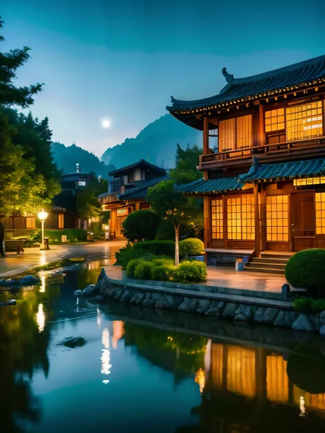 Araf landscape of the village，There are many lights on the building, Dreamy Chinatown, Chinese Village, Amazing wallpapers, A Japanese town, Japanese Village, Surreal photos of towns, old asian village, Japanese cities, Written by Raymond Han, Rainy Night,...