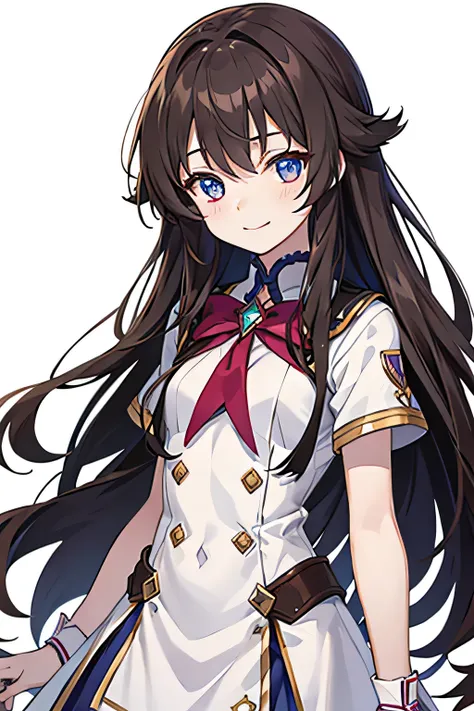 brown-haired girl, long hair, ((reclusive)), magical girl, pre-cure, (((white background))), one girl, 16 years old, mature, healing, student, recovery, quiet, smiling, small breasts