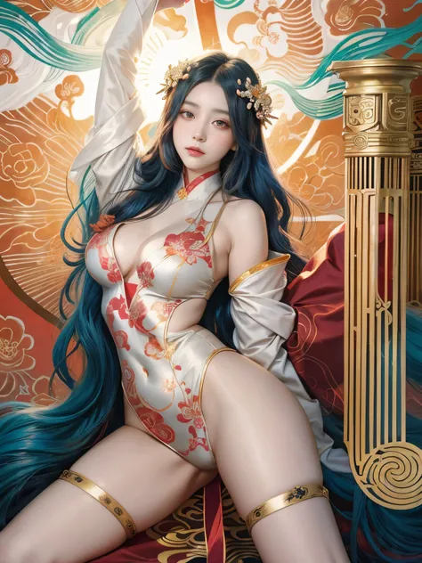 a painting of a woman with long hair and a flower in her hand, korean art nouveau anime, japanese goddess, flowing hair and long robes, anime fantasy illustration, inspired by Sōami, akira from chinese mythology, japanese art style, a beautiful kitsune wom...