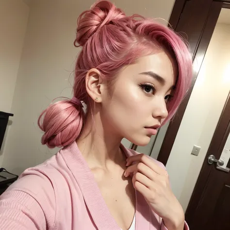 Make me korean, attractive, updo hair, pink hair, selfie