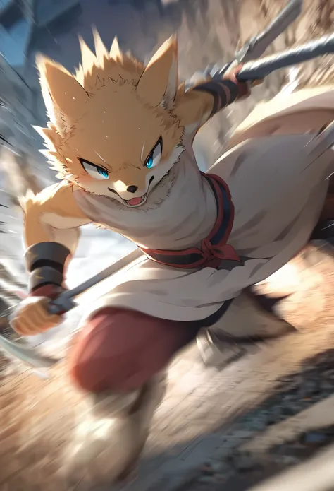 top quality, high-quality illustrations((masterpiece))depth of field, motion blur, absurdres, Perfect Anatomy, magnificent picture of kemono fighting fierce battles, kemono, 1boy, solo focus, Anthro((dramatic))epic, weapon, dynamic pose, One scene of movie...