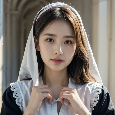 best quality,photo-realistic,portrait of a beautiful nun,authentic details,captivating gaze,serene expression,thin veil,elaborate hairstyle,soft and flowing hair,delicate lace lingerie,supple fabric texture,gently folded hands,subtle ambient lighting,tranq...