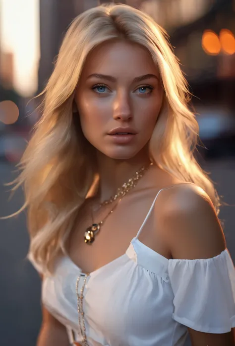 1 girl, Blonde young beauty Sophie walks alone in the evening at sunset with her coffee along the streets of New York. She wears a white blouse with a necklace and a black miniskirt. It looks bizarre. sunset lights. Beautiful environment. Detailed blue and...