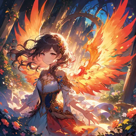 the middle of a serene night, A beautiful fire phoenix stands on the campfire, flaming wings with intricate details and vibrant colors, feathers softly glowing with warm hues, eyes glowing with intense light, feathers softly glowing with warm hues, wings s...